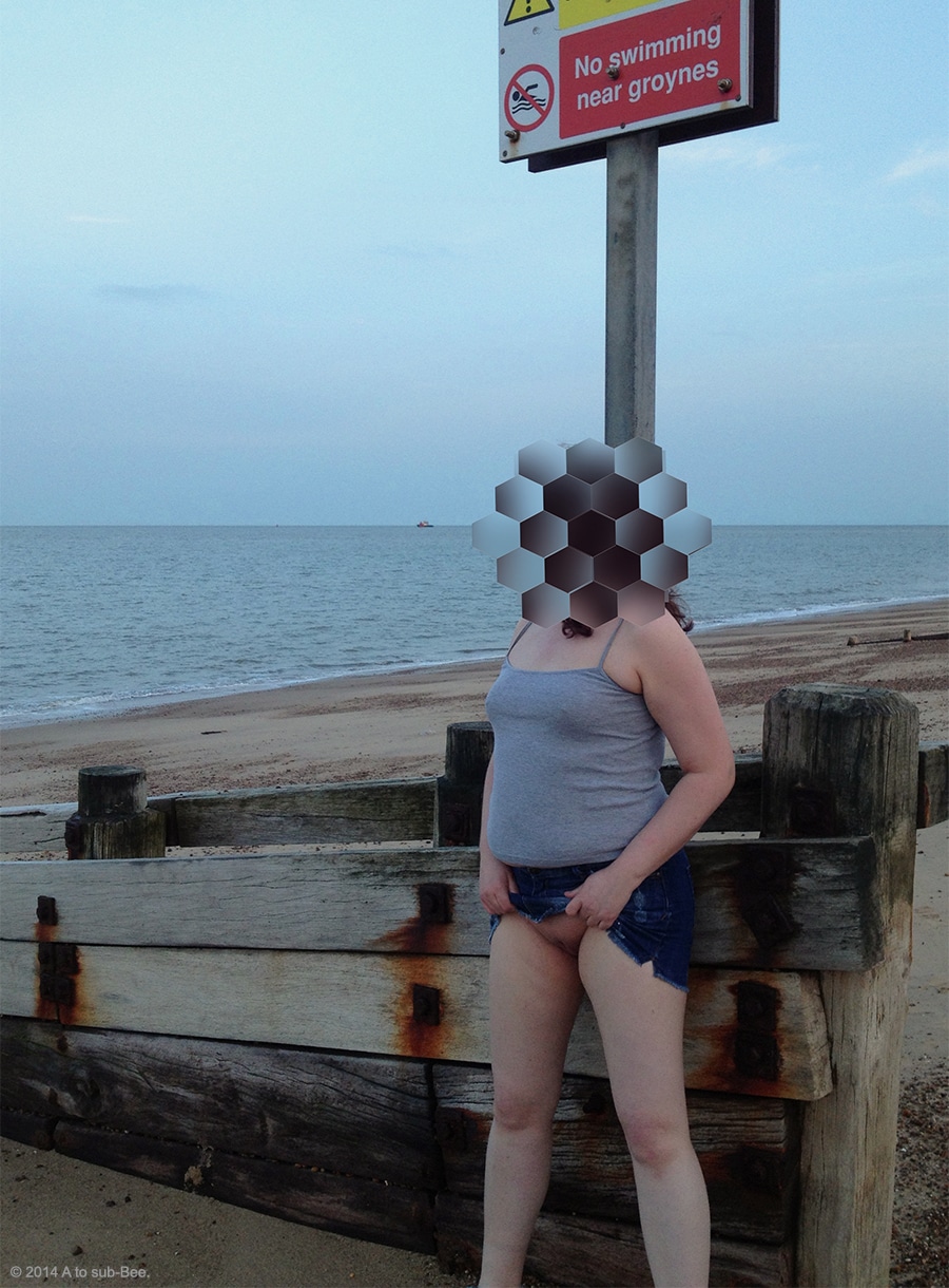 Bee standing next to a groyne on a sandy beach flashing their cunt