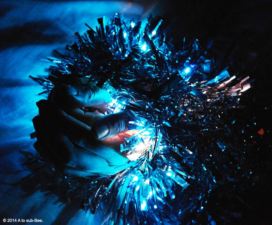 Bee wrapped in tinsel and blue Christmas lights for these Merry Christmas wishes