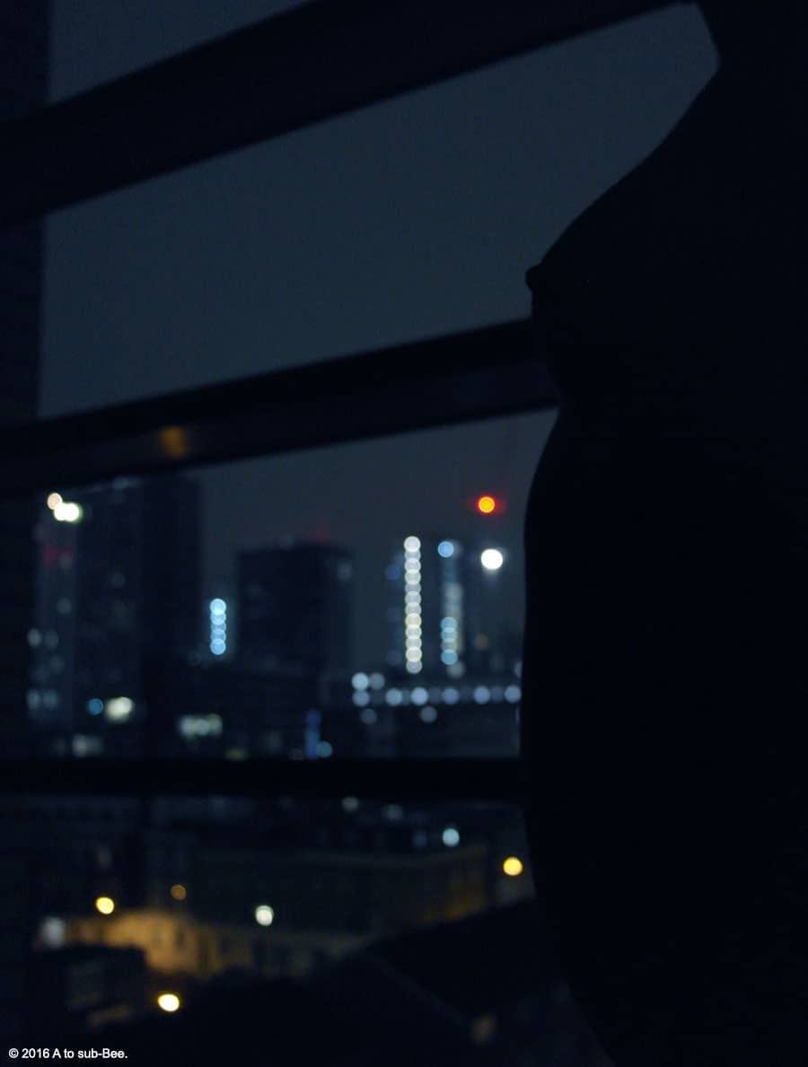 A silhouette of Bee standing in hotel window with the city lights outside
