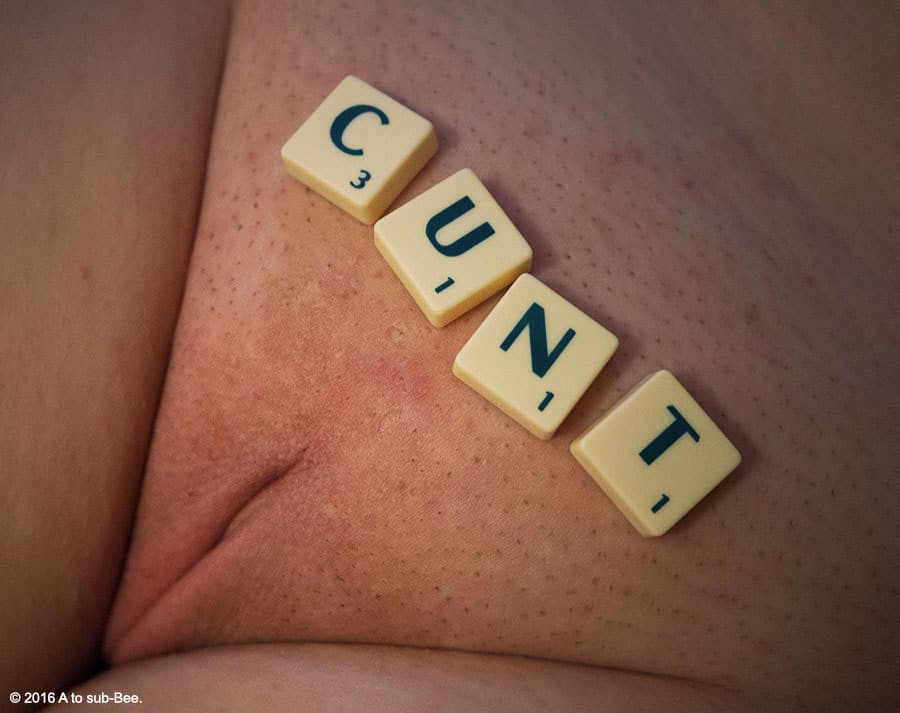 Bee with cunt spelled out on their vulva with scrabble letters