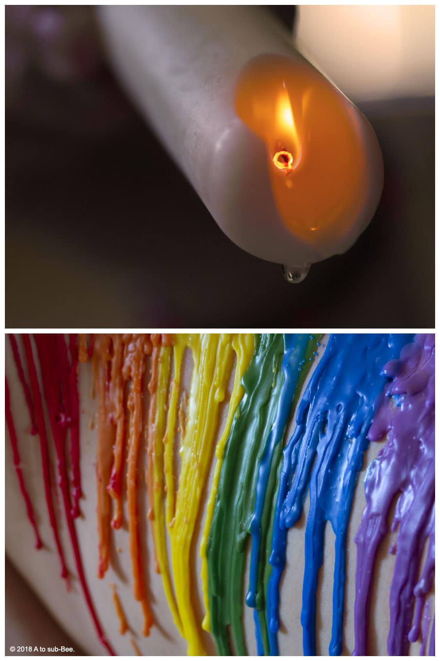 Wax rainbow being dripped onto Bee with a white candle