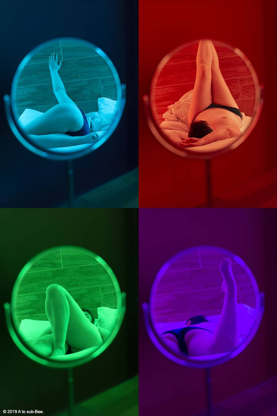 Four images of Bee posing in a mirror in blue, red, green and purple