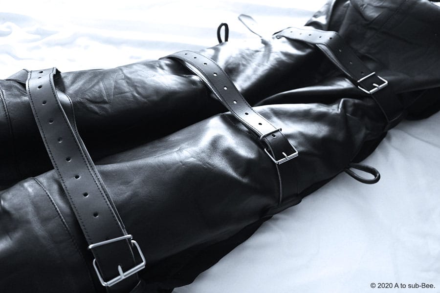A single subject image of Bee's legs bound with belts within a leather sleep sack