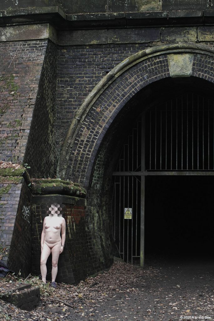 Bee standing naked outside a tunnel entrace