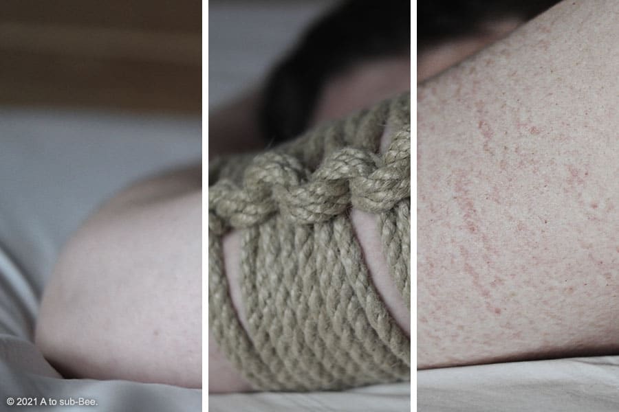 Bee's arm in three stages of being tied in rope