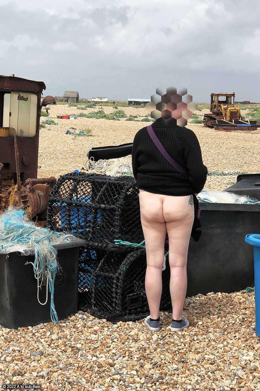 Bee flashing their bottom on a beach surrounded by fishnets