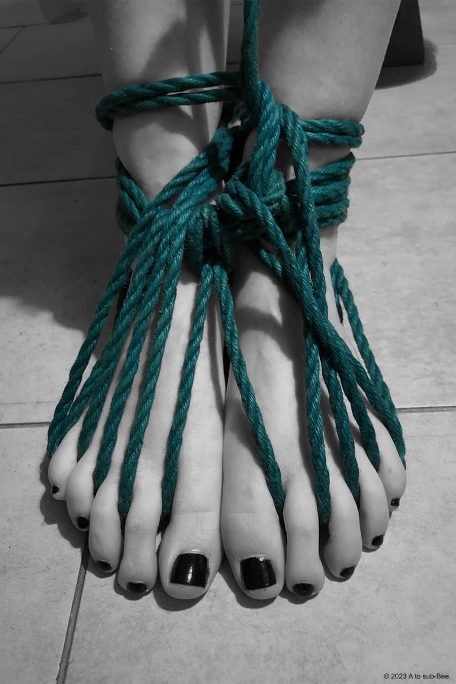 Euclidean Points feet tied up in rope as she experiences a foot tie for the first time