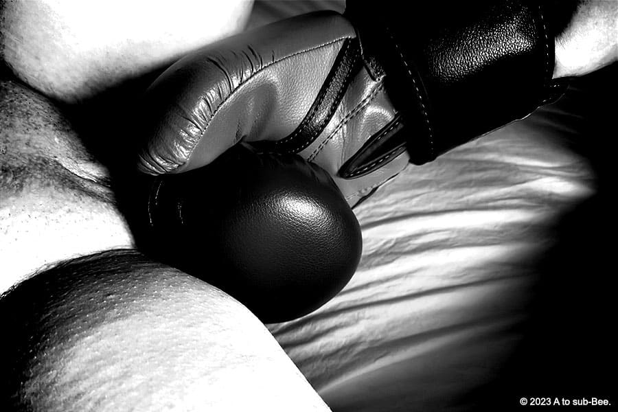 A B&W image of someones legs spread and a boxing glove against their cunt with their clit poking out over the top