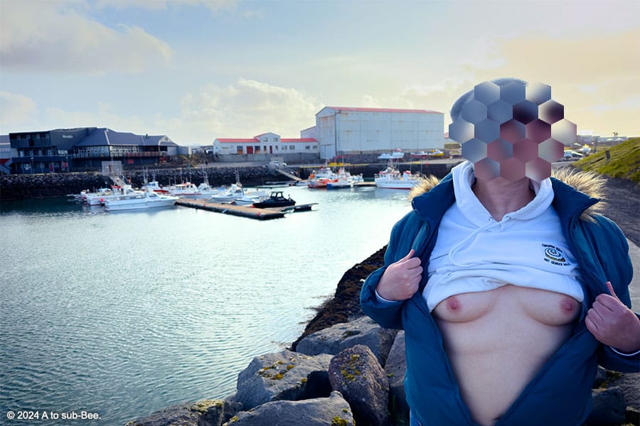 A person baring their breats to the right of an image with a view of a marina behind them