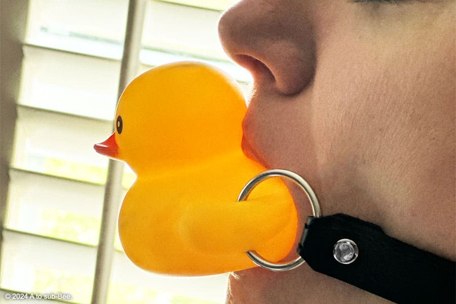 A clos up side profile of somone with a squeeky duck gag in their mouth