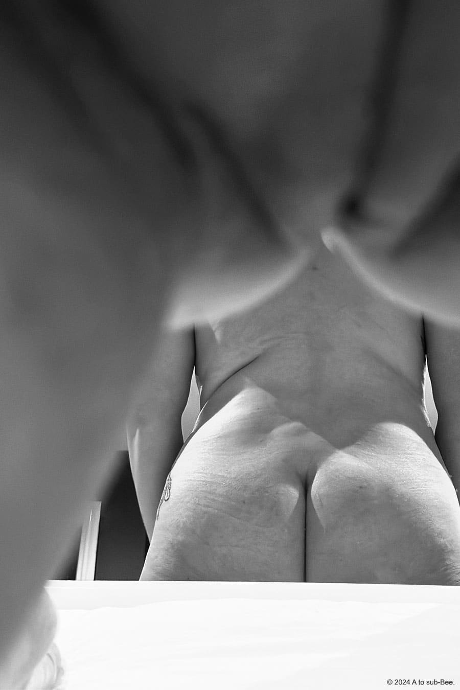 A black and white close up of a person's cunt and behind them a reflection of their behind!