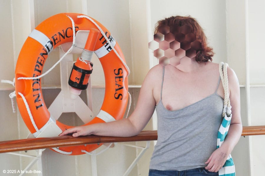 Image of a person standing next to a life buoy with one breast pulled out of their vest.